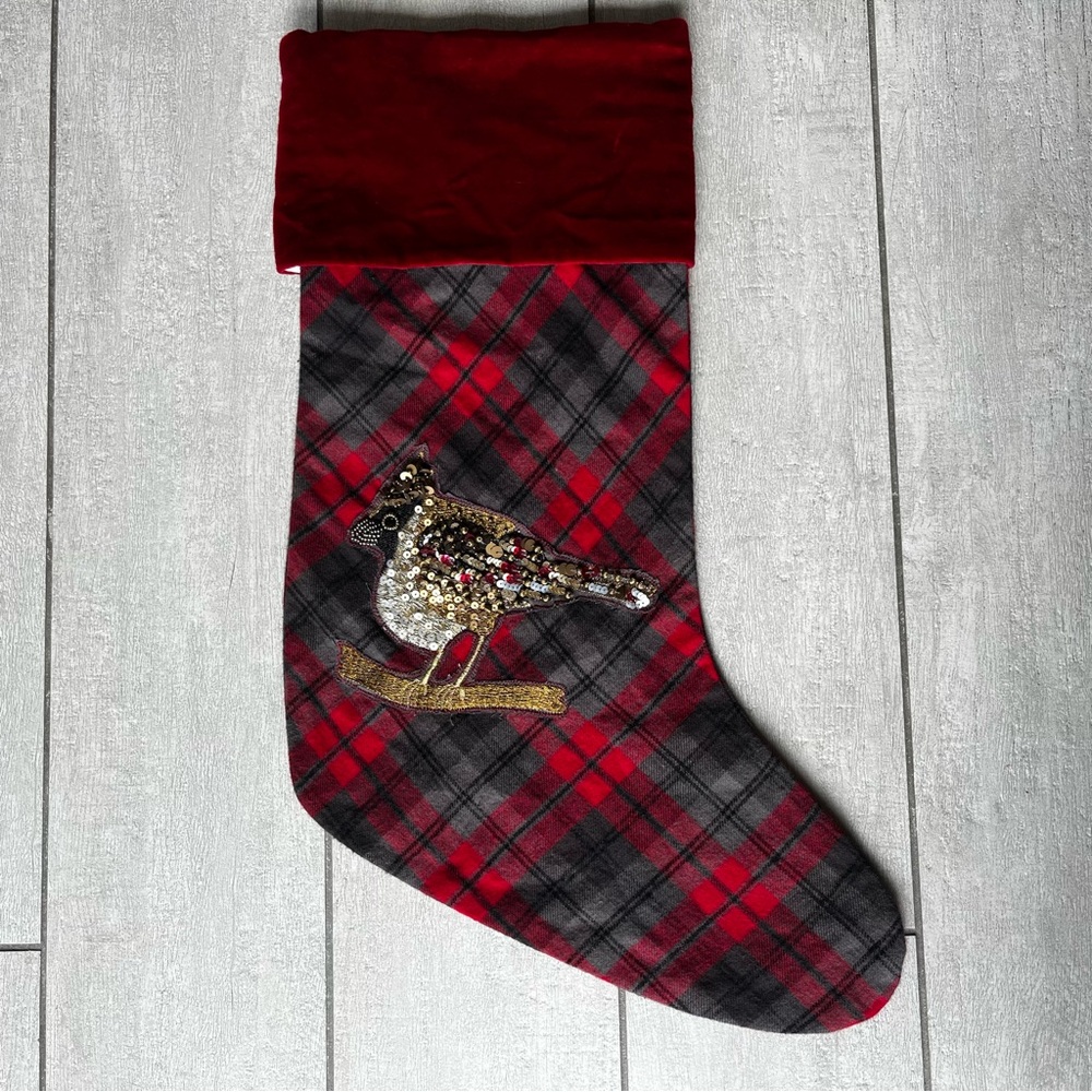 Pottery Barn Embellished Sequin Stocking Plaid Christmas Bird Nottingham Velvet